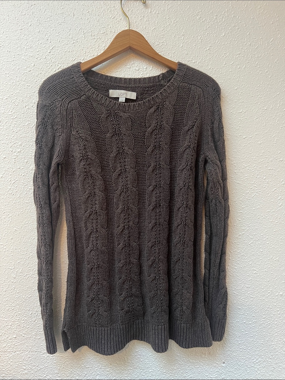 LOFT Brown Cable Crewneck Sweater